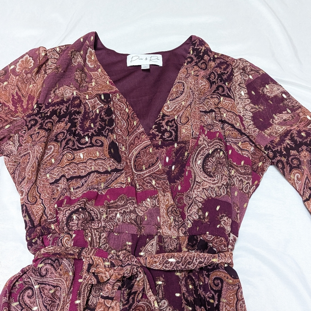 Parker & Rowe Burgandy Paisley Boho Hippie Peasant Bell Sleeve Maxi Dress Large - Picture 2 of 11